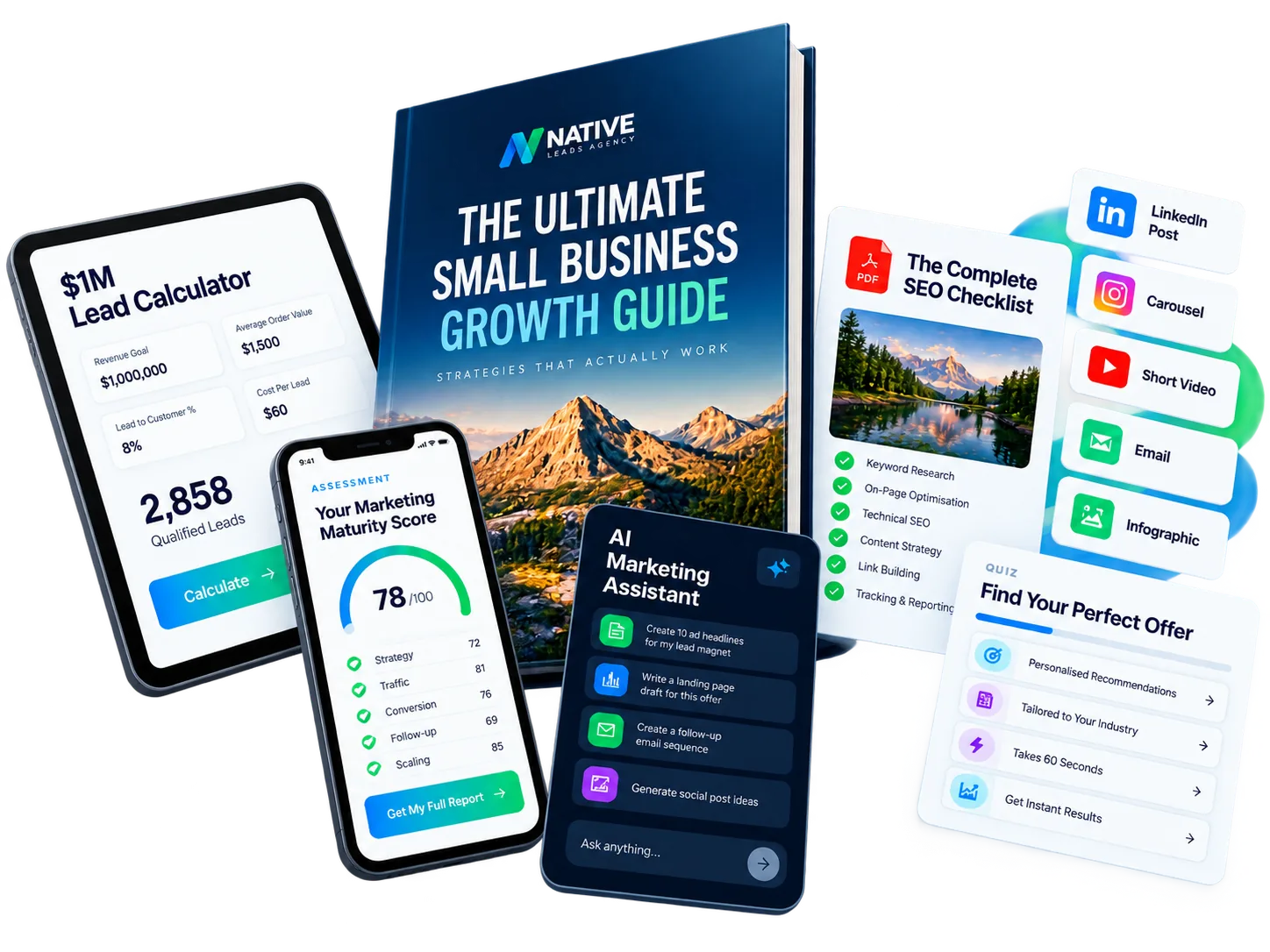 Lead magnet examples: growth guide, $1M lead calculator, marketing assessment, AI assistant, SEO checklist and quiz