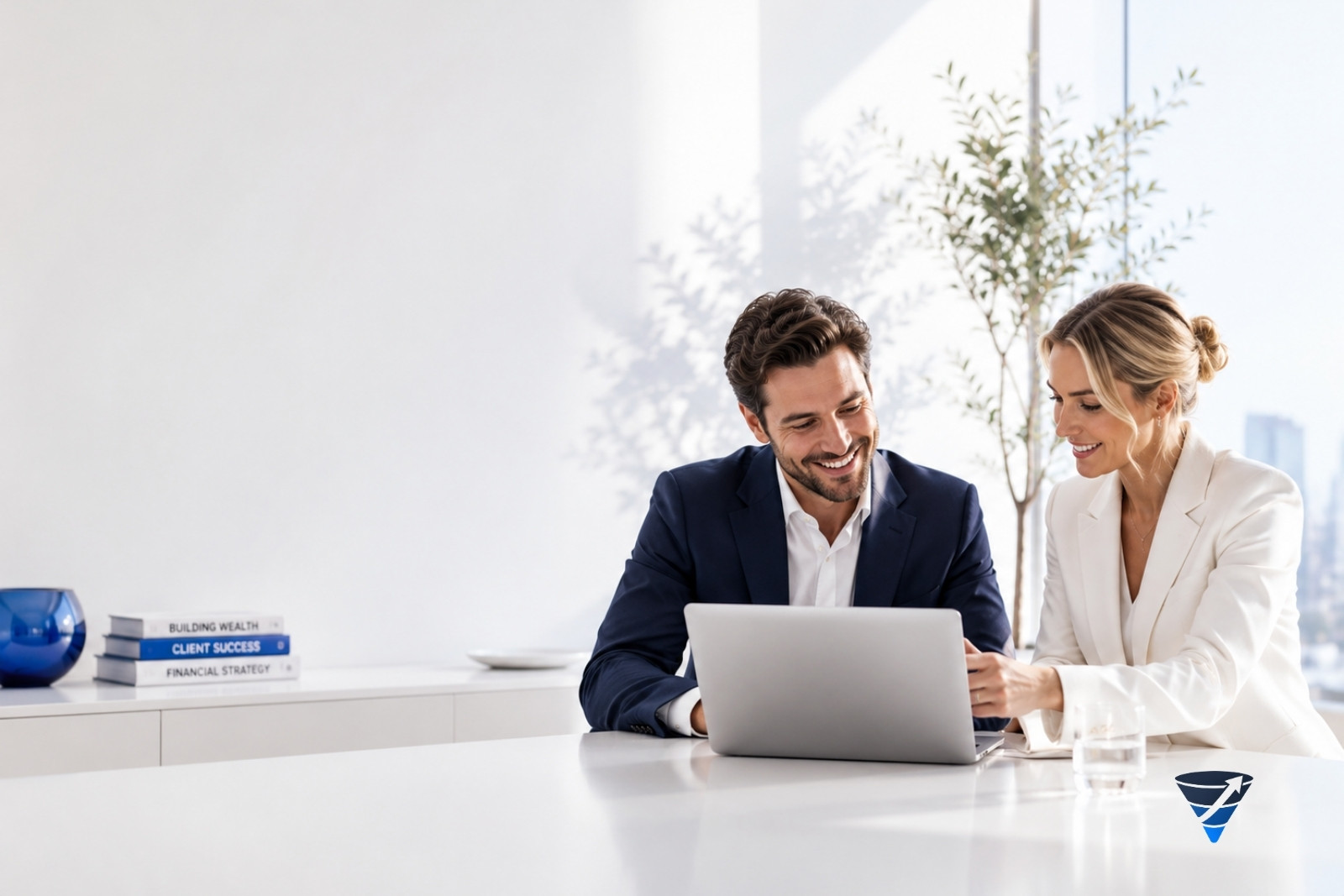 Two business professionals reviewing lead funnel performance on a laptop in a bright modern office