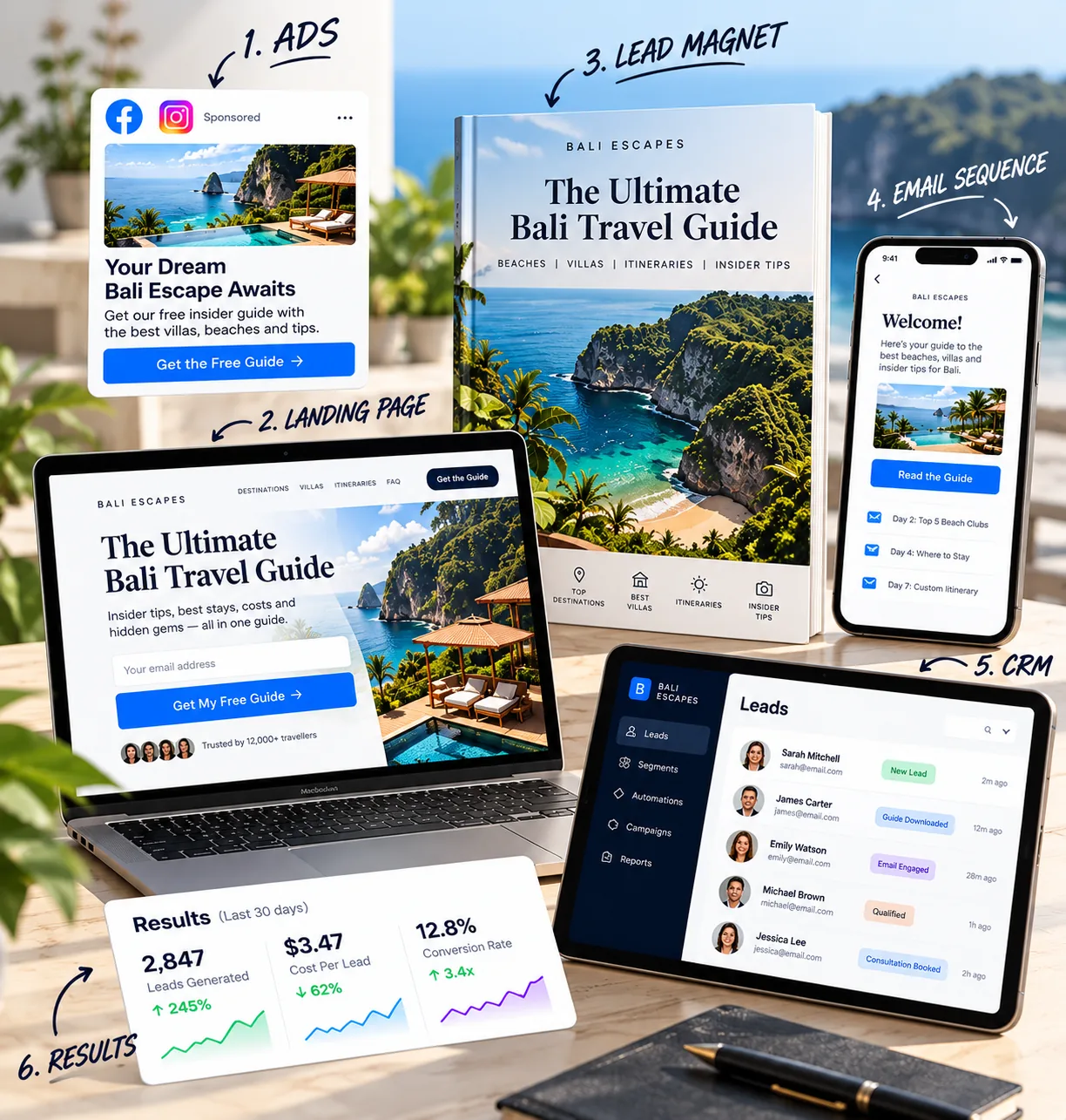 The complete lead magnet funnel ecosystem — ads, landing page, lead magnet, email sequence, CRM and results