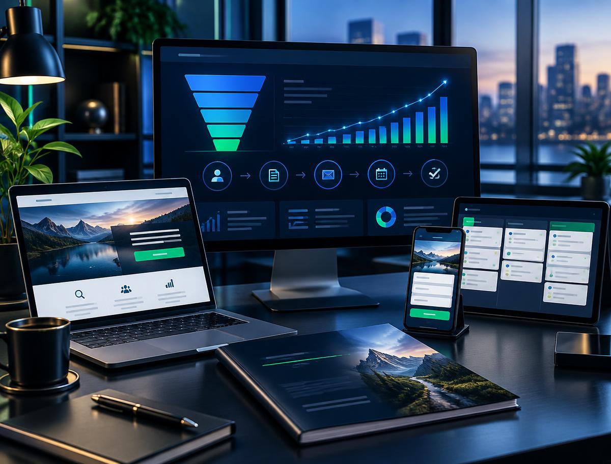 A complete lead generation system shown across a funnel dashboard, landing page, mobile experience and CRM