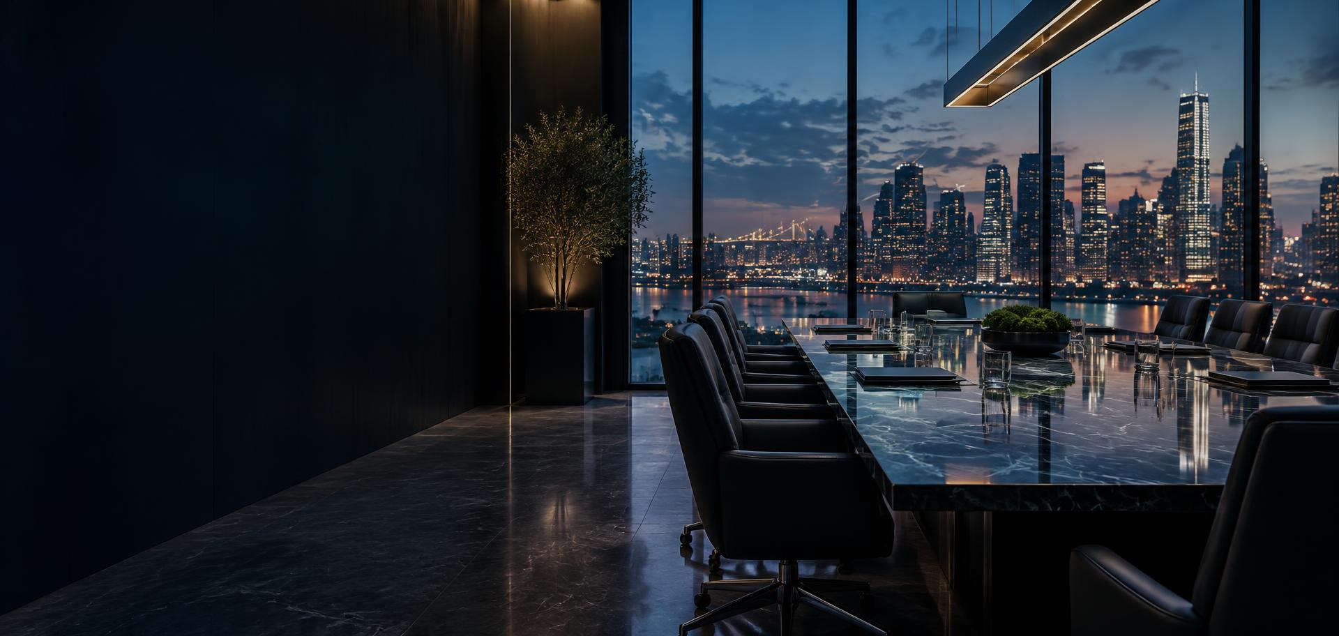 Executive boardroom overlooking a city skyline